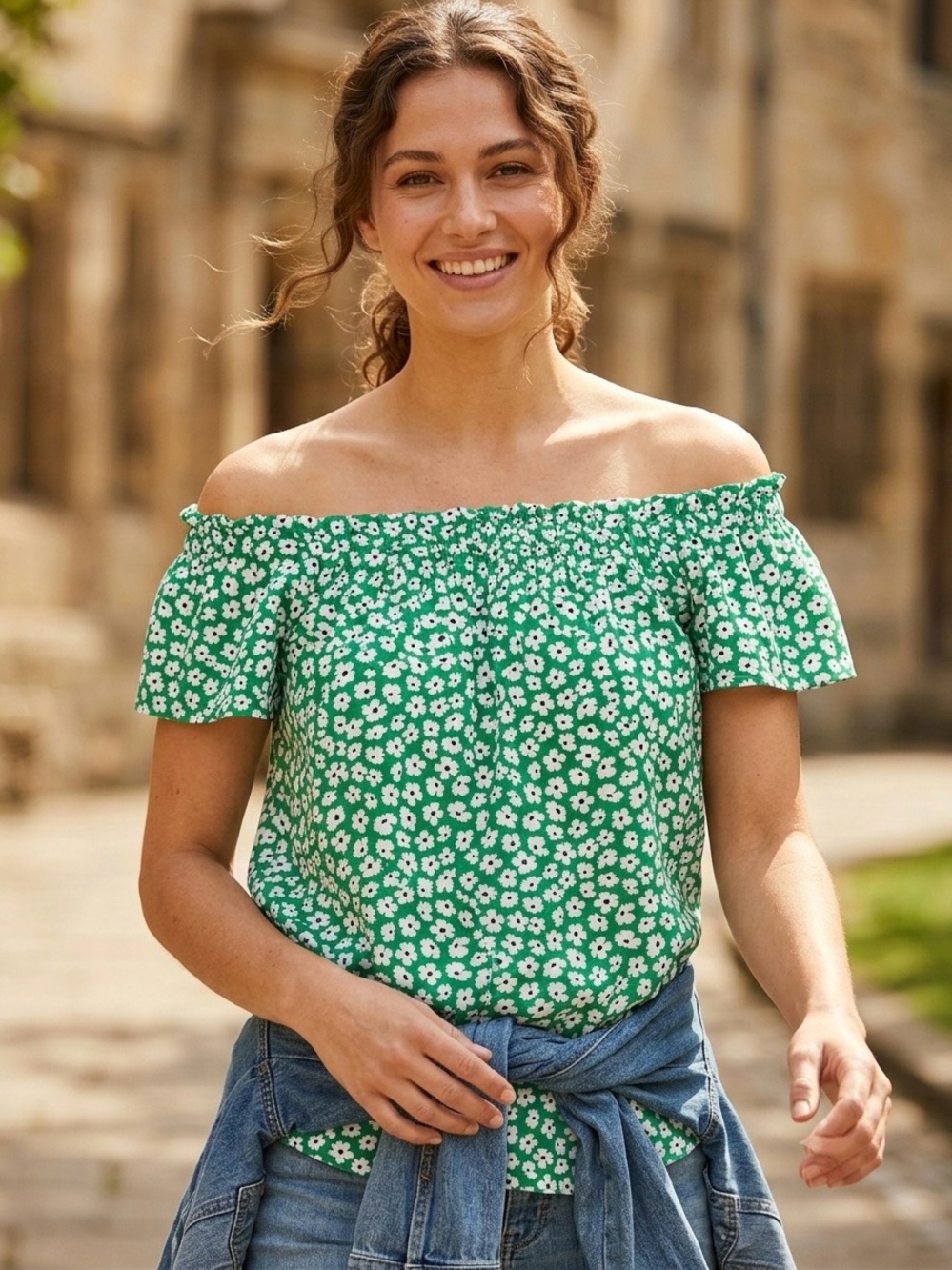 Philosophy Green Floral Off-Shoulder Blouse